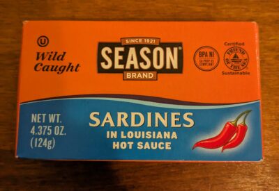 Season Brand sardines in louisiana style hot sauce outer cardboard packaging.