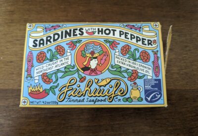 Fishwife sardines with hot pepper cardboard box